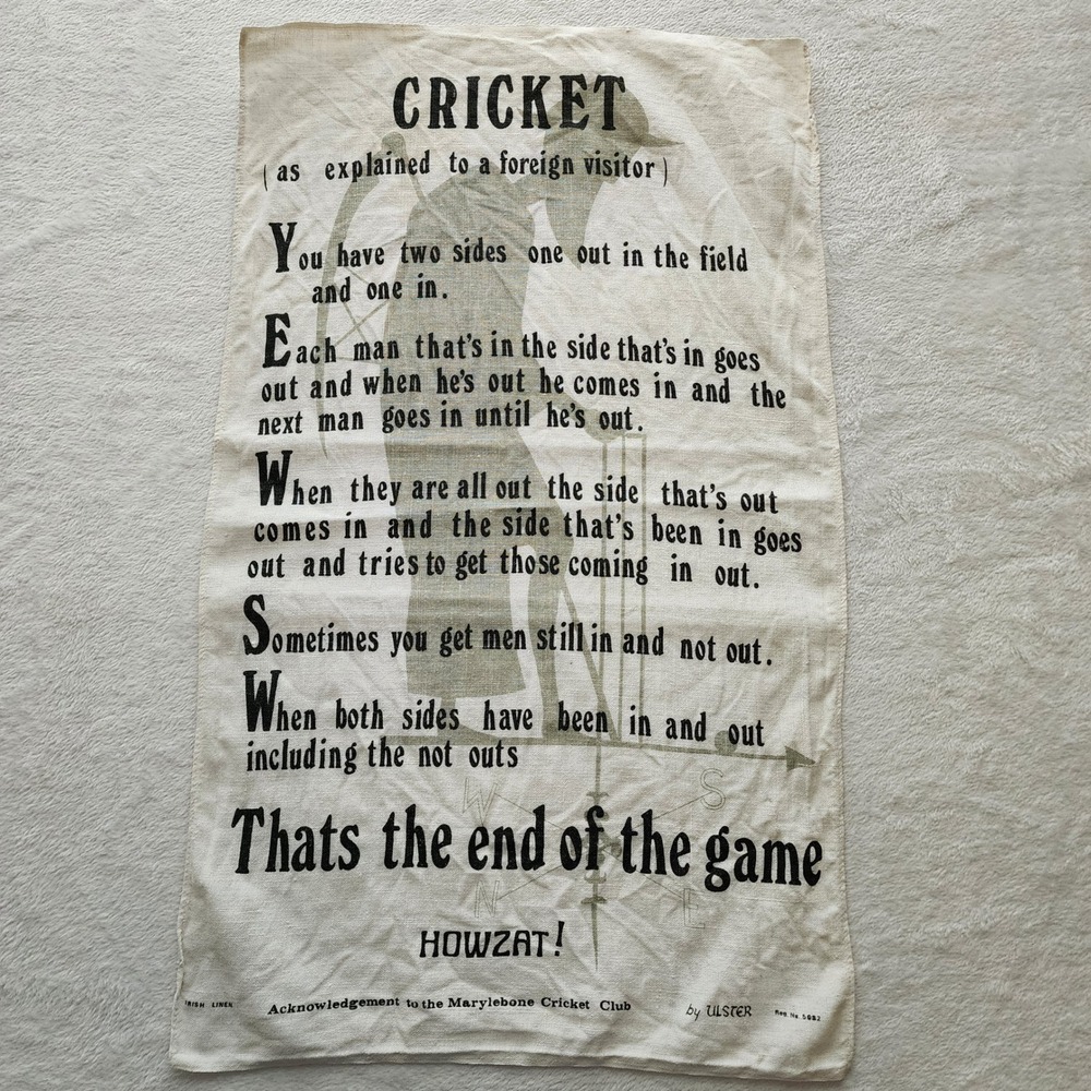 Ulster Cricket Rules Tea Towel Irish Linen Cream Funny Poem Vintage Sports Gift